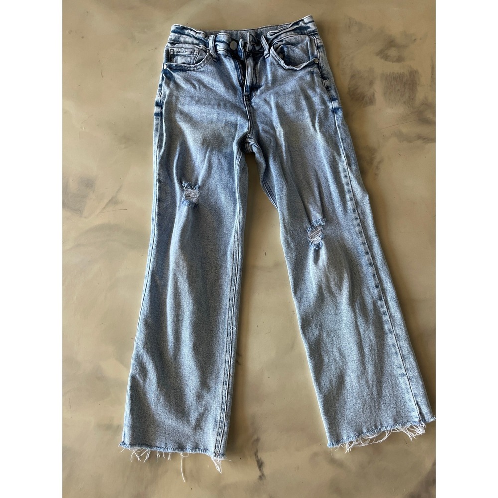 Light Wash Distressed Wide Leg Jeans Size 10 Raw Hem Adjustable